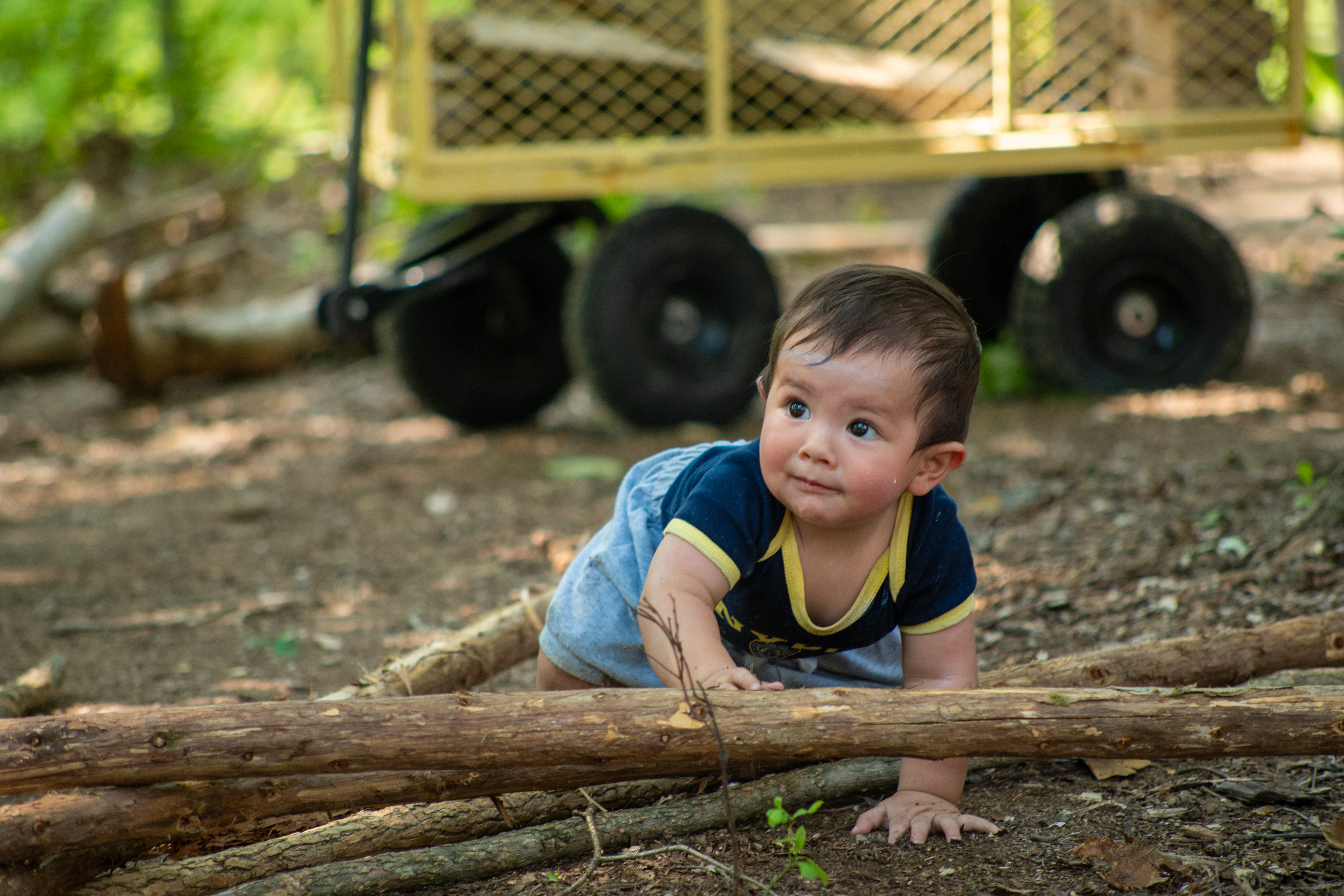 baby crawling with hand on branch outside